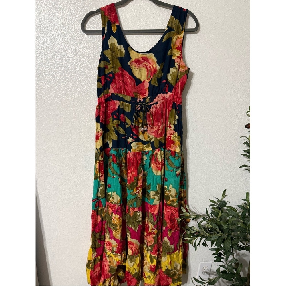 Vasna Desire Small 100% Cotton Boho Floral Midi Dress Sleeveless Tiered